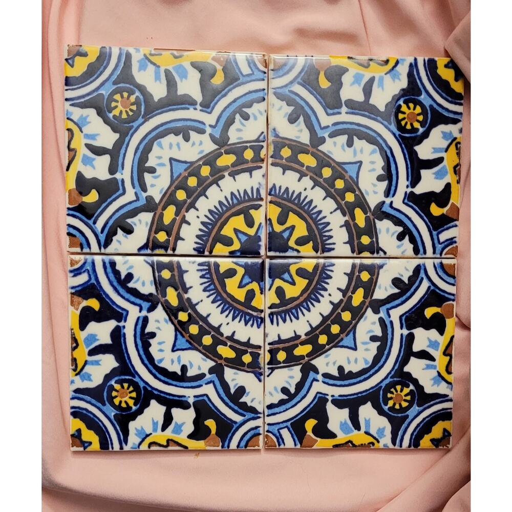 4 Mexican Talavera Blue and Gold Pattern Tiles Decor Coasters Mexico